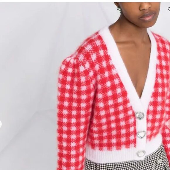 Alessandra Rich Red and White Plaid Wool Blend Checked Jacquard Cardigan - Picture 2 of 7